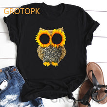 Load image into Gallery viewer, 2019 Summer Women's Fashion Sunflower and Letter Print Women Casual T-shirt Plus Size graphic tees women Black tshirt