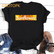 Load image into Gallery viewer, 2019 Summer Women's Fashion Sunflower and Letter Print Women Casual T-shirt Plus Size graphic tees women Black tshirt