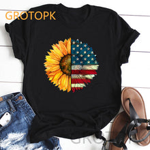Load image into Gallery viewer, 2019 Summer Women's Fashion Sunflower and Letter Print Women Casual T-shirt Plus Size graphic tees women Black tshirt